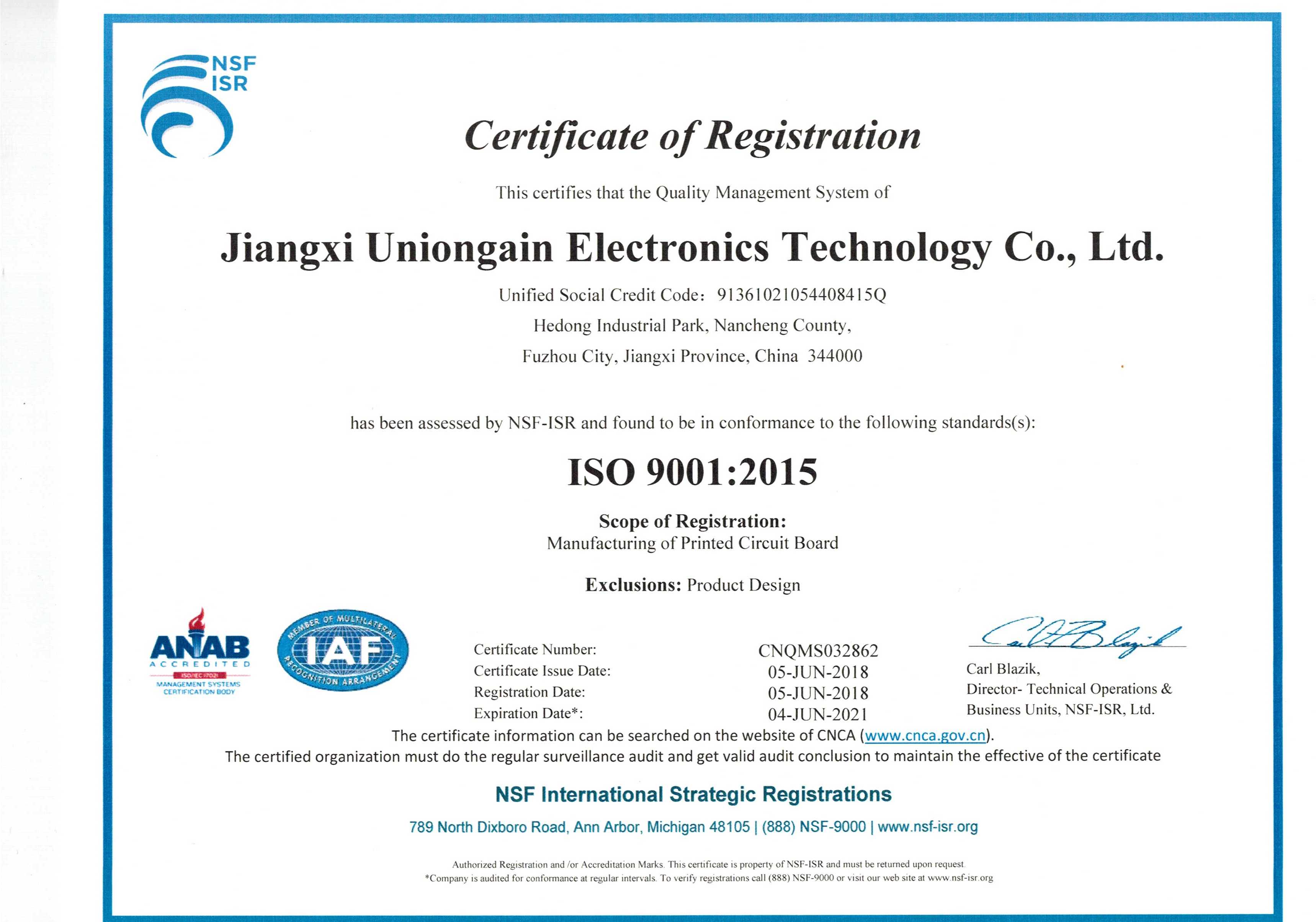 ISO 9001 Quality Management System Certificate